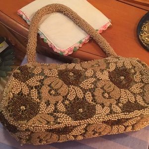 Vintage Delill Beaded Beige, Brown, & Pearls Purse